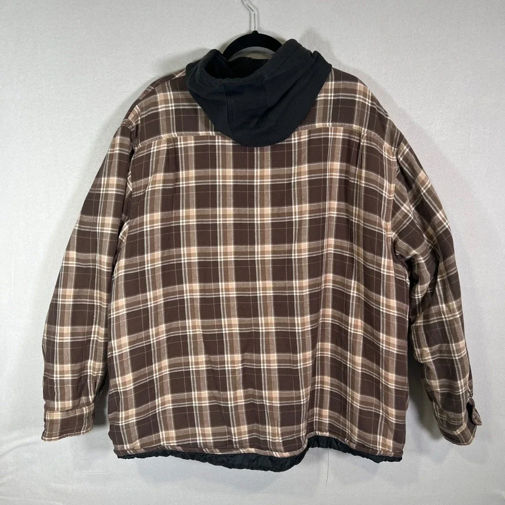 Wrangler Hooded Flannel Shirt Jacket 3XL Brown Plaid Quilted Y2K Button Workwear